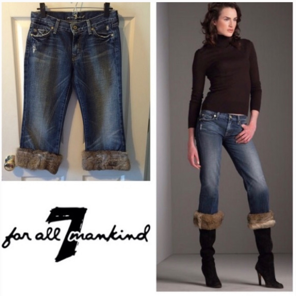 Anthropologie Exclusive 7 for all mankind fur cuff Capri crop jeans